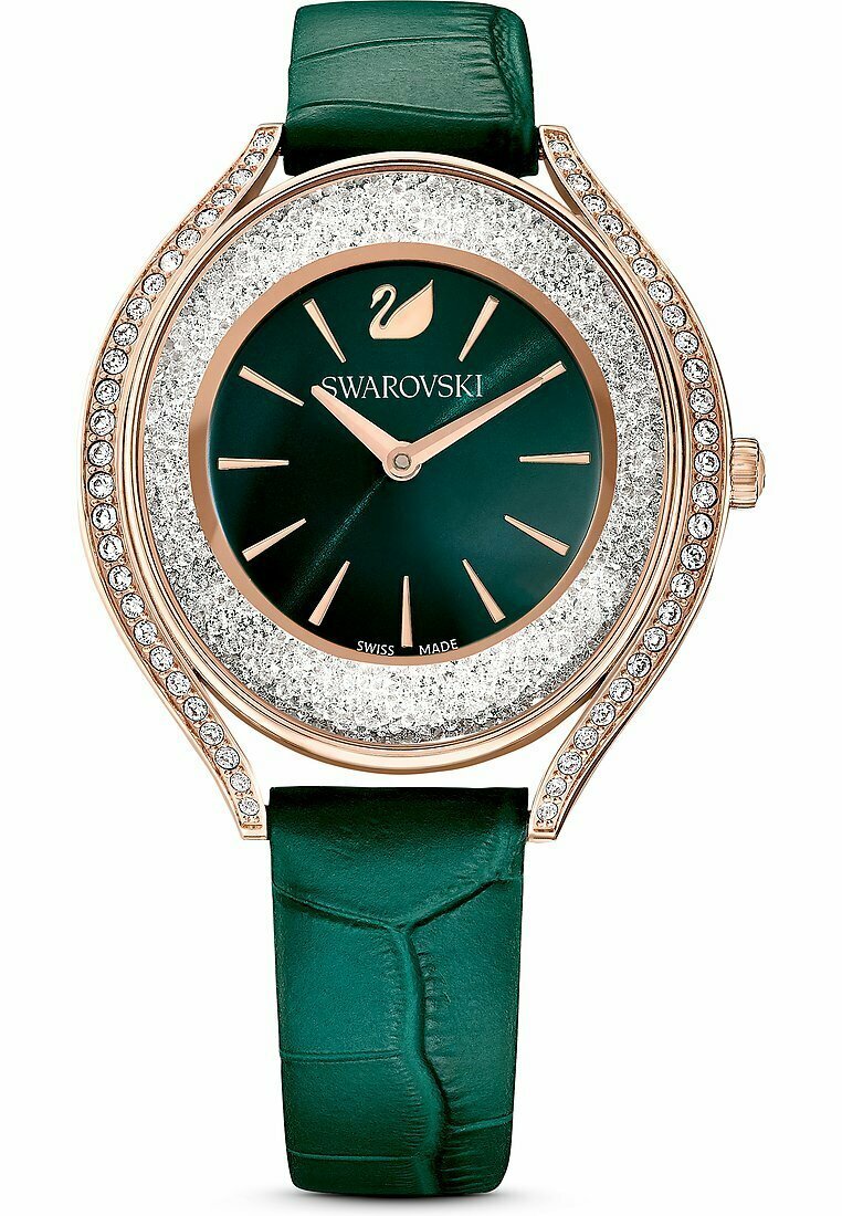 Swarovski-Uhr mit einem dunkelgrünen Lederarmband, runder Gehäuse aus Roségold, funkeln silberner Rand und einem dunkelgrünen Zifferblatt mit Kristallakzenten.