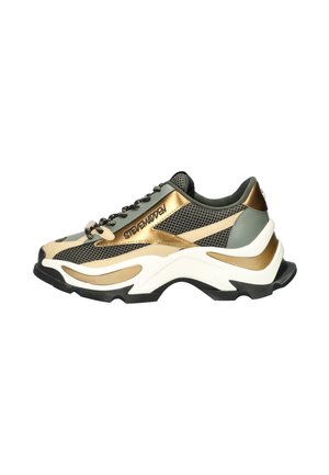 Chunky sneakers featuring a mix of mesh and synthetic materials, primarily in gold, black, and green. Thick white and black sole.