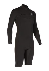 Neopreno negro, elástico, con mangas largas, cuello alto y bolsillo con cremallera en la parte frontal para almacenamiento. Textura suave en toda la prenda.