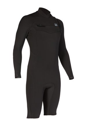 Neopreno negro, elástico, con mangas largas, cuello alto y bolsillo con cremallera en la parte frontal para almacenamiento. Textura suave en toda la prenda.
