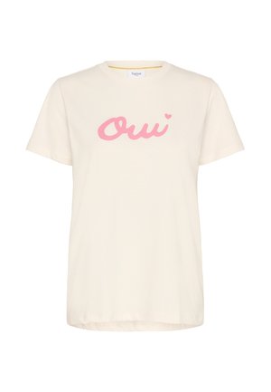 Kremna bombažna majica s kratkimi rokavi in okroglo ovratnikom. Na sprednji strani je rožnata, pisana grafika "Oui".