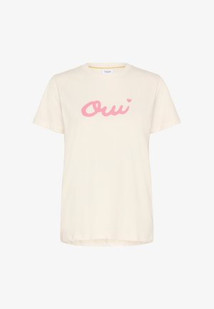 Cream-colored cotton t-shirt with short sleeves and a round neckline. Features a pink, cursive "Oui" graphic on the front.