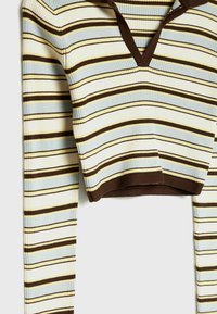 Krótki top z długim rękawem wykonany z prążkowanej tkaniny. Posiada pionowe paski w kolorach kremowym, niebieskim i brązowym. Dekolt w kształcie litery V i brązowe ozdobne wykończenia.