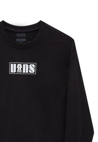 Černé tričko s dlouhým rukávem vyrobené z bavlny, na přední straně má bílé logo Vans v obdélníkovém designu, s kulatým výstřihem.