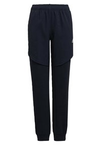 Navy blue sweatpants with an elastic waistband, layered design at the front, and tapered leg openings. Soft, textured fabric.