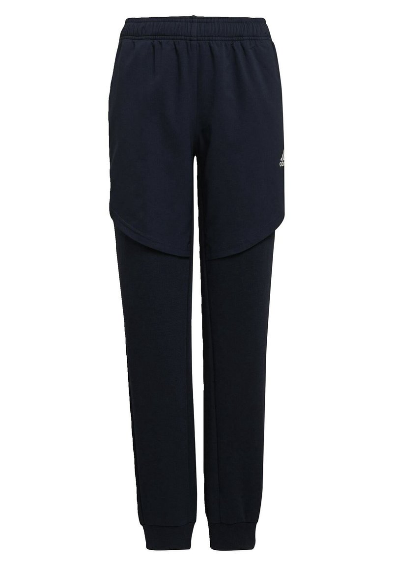 Navy blue sweatpants with an elastic waistband, layered design at the front, and tapered leg openings. Soft, textured fabric.
