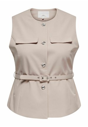 Ujjatlan bézs mellény kerek nyakkal, négy ezüst gombbal, patentos mellzsebbel és hozzáillő derékszíjjal, téglalap alakú csattal.