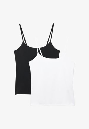 Twee camisoles in zwart en wit; elke heeft dunne verstelbare bandjes, een gladde textuur en een eenvoudig, recht gesneden ontwerp.