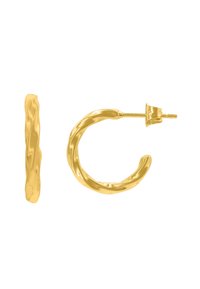 Boucles d'oreilles en forme de créoles de couleur or avec une texture ondulée, dotées d'un fermoir à tige sécurisé. Le design est audacieux et sculptural avec une finition lisse.