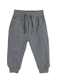Pantalones de chándal grises con cintura elástica y cordón, bolsillos laterales, piernas acampanadas y puños acanalados. Fabricados en tejido suave y transpirable.
