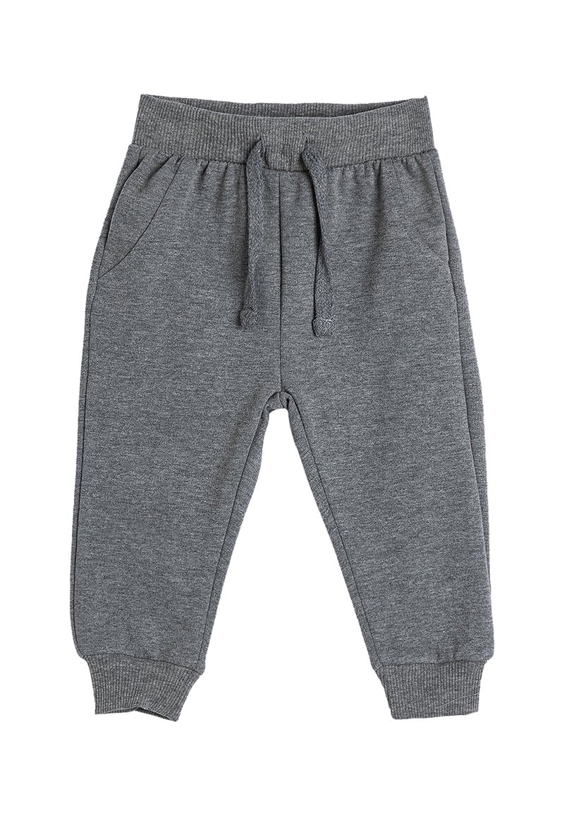 Pantalones de chándal grises con cintura elástica y cordón, bolsillos laterales, piernas acampanadas y puños acanalados. Fabricados en tejido suave y transpirable.