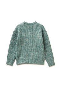 Dzianinowy sweter w kolorze teal z teksturowanym wzorem. Ma okrągły dekolt, długie rękawy oraz kolorowe wtrącenia w całym materiale.