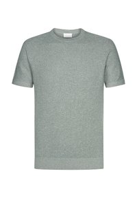 Ljusgrön kortärmad tröja med rund halsringning, gjord av ett texturerat stickat material. Ribbad nederkant och ärmslut, enkel design, inga mönster.