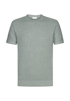 Light green short-sleeve sweater with a round neckline, made of a textured knit material. Ribbed hem and cuffs, simple design, no patterns.