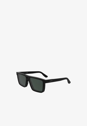 Schwarz-rechteckige Sonnenbrille mit dunklen Gläsern. Hergestellt aus leichtem Kunststoff, mit klaren Linien und einem minimalistischen Design.