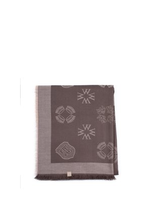 Folded brown scarf with lighter emblem patterns and a solid border, featuring a small rectangular label near the fringed edge.