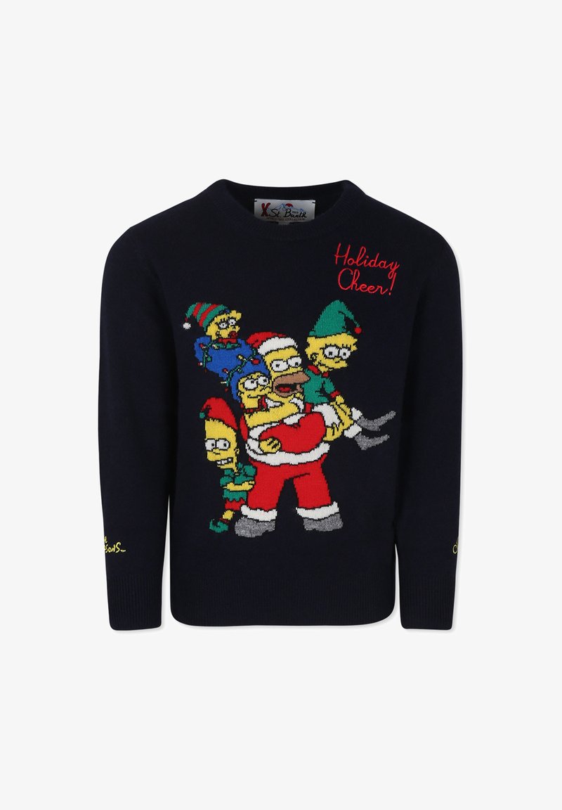 Maglione navy con un colorato design a maglia che presenta personaggi dei cartoni animati, tra cui Babbo Natale, cappelli festivi e la frase "Holiday Cheer!" in rosso.