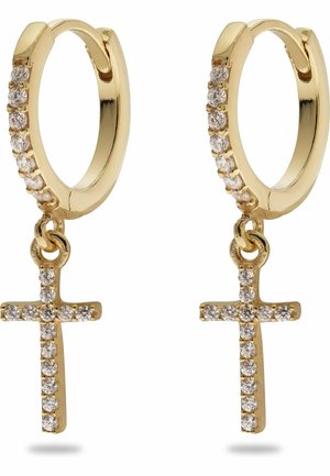 Boucles d'oreilles créoles en or avec petits cristaux clairs et croix en or pendantes incrustées de cristaux clairs assortis.