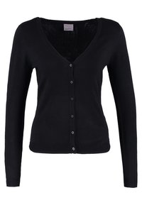Cardigan noir à manches longues en tissu doux, avec un col en V, six boutons sur le devant et des poignets et un ourlet côtelés.