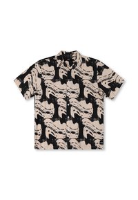 Short-sleeve button-up shirt featuring a beige and black abstract face pattern on a lightweight fabric with a standard collar.
