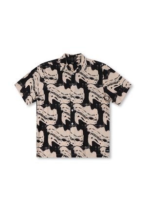 Korte mouw knoopshirt met een beige en zwart abstract gezichtspatroon op een lichtgewicht stof en een standaard kraag.