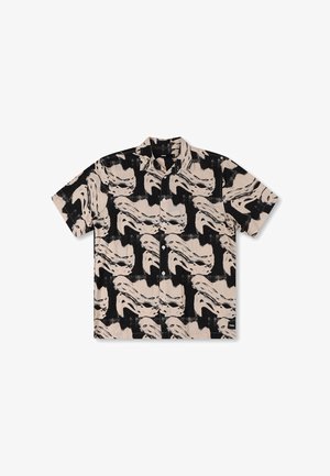 Short-sleeve button-up shirt featuring a beige and black abstract face pattern on a lightweight fabric with a standard collar.