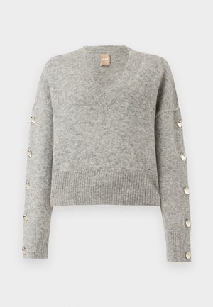 Hall hall triiksärklaske V-kaelusega kampsun, millel on pikad varrukad, suured hõbedased nupud mööda välist varrast ja sooniline ääreosa ning varrukaotsad.