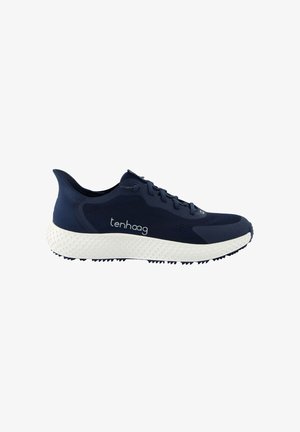 Baskets de sport bleu marine avec semelle blanche texturée, fermeture à lacets et logo "tenhaag" sur le côté, conçues pour la course ou un usage décontracté.