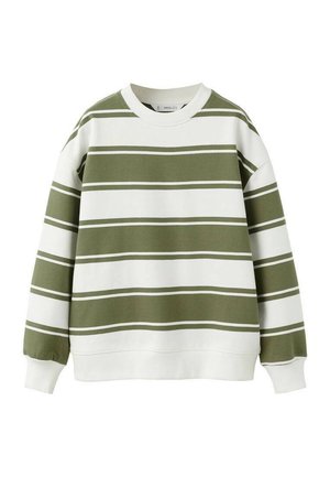 Sweat-shirt rayé vert et blanc en tissu doux, avec un col rond, des poignets côtelés et une coupe décontractée.