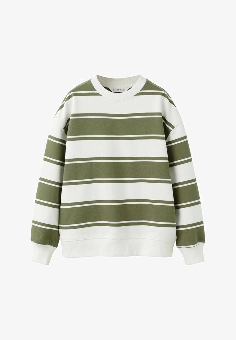 Zielono-biała bluza w paski wykonana z miękkiego materiału, z okrągłym dekoltem, prążkowymi mankietami i luźnym krojem.
