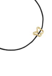 Juoda pintinė virvė su aukso abstrakčiu drugelio formos pakabuku. Pakabukas turi lygų paviršių ir trimačio dizaino.