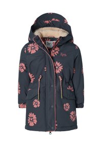 Marinblå vattentät jacka med rosa blommönster, avtagbar huva, fluffig foder, dragsko i midjan, två framfickor och knappstängning.