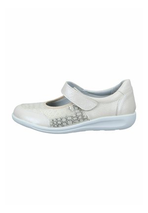 Light grey leather Mary Jane shoe with a textured croc pattern, rounded toe, adjustable Velcro strap, and white rubber outsole.