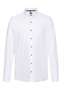 Camicia bianca a maniche lunghe con colletto, caratterizzata da bottoni neri sul davanti e ai polsini. Realizzata in tessuto morbido, con un design classico.