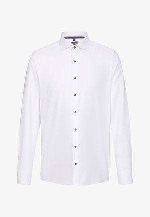 Weißes Langarmhemd mit Kragen, das vorne und an den Manschetten schwarze Knöpfe hat. Hergestellt aus glattem Stoff, mit klassischem Design.