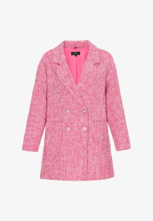 Růžový dvouřadý kabát z texturované tkaniny s klopovým límcem, dvěma předními kapsami a kontrastní vnitřní podšívkou.