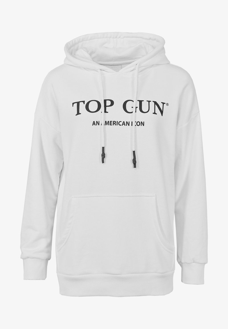 Biała bluza z kapturem wykonana z mieszanki bawełny. Posiada kieszeń typu kangur, sznurek do regulacji kaptura oraz czarny nadruk "TOP GUN" z przodu. Prosty design.