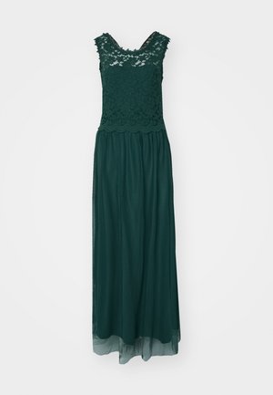 Green lace and chiffon maxi dress featuring a scalloped neckline, sleeveless design, and flowing skirt. Ideal for formal occasions.