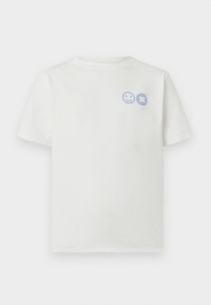 White cotton t-shirt with short sleeves featuring a blue smiley face and a blue 'X' symbol on the left chest area. Regular fit.