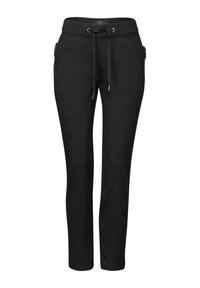 Black pants made of soft fabric, featuring a drawstring waistband, side pockets, and a tapered leg design. Smooth texture with no patterns.