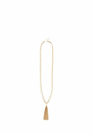 Gold-tone necklace featuring multiple linked chains with a textured tassel pendant at the end, providing an elegant layered effect.