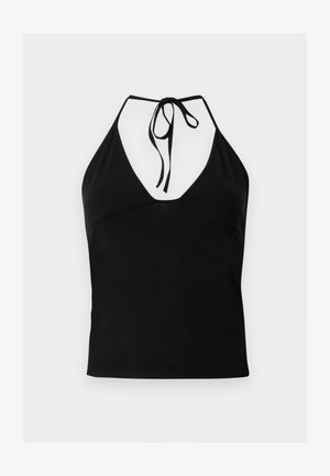 Μαύρο αμάνικο τοπ με ντεκολτέ V και κλείσιμο με κορδόνι στο πίσω μέρος, κατασκευασμένο από λεία ύφασμα, παρουσιάζεται σε λευκό φόντο.