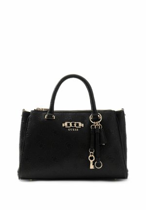 Sac à main noir Guess avec logos embossés, quincaillerie dorée, double poignée et porte-clés décoratif avec anneau suspendu à l'avant.