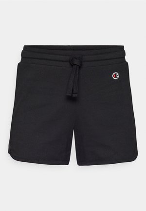 Bermudas negras de sudor de tela suave, con una cintura elástica con cordón y un pequeño logo bordado en la parte delantera.