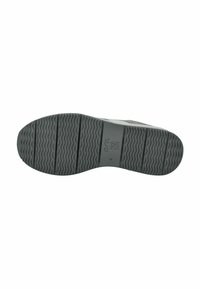 Gray rubber shoe sole featuring a wave-patterned tread for traction, marked with brand name and size, rounded shape with a smooth finish.