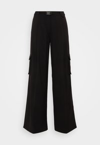 Black wide-leg cargo pants with side pockets, textured fabric, a fitted waistband, and a belt for adjustable fit. Clean, modern design.