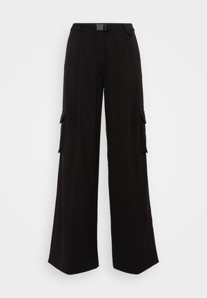 Black wide-leg cargo pants with side pockets, textured fabric, a fitted waistband, and a belt for adjustable fit. Clean, modern design.