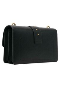 Black leather handbag with a rectangular shape, featuring a flap closure, gold hardware accents, and a textured surface.