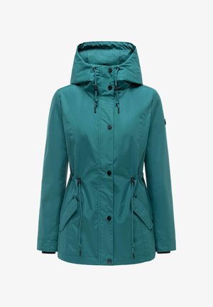 Geacă impermeabilă pentru femei, culoare teal, cu glugă, nasturi în față, șnururi ajustabile la talie și glugă, și buzunare cu clapetă pe ambele părți.