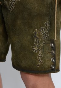 Groene suède shorts met decoratieve borduursels van bloemen- en dierenmotieven. Inclusief vijf knoopaccenten langs de zijnaad.